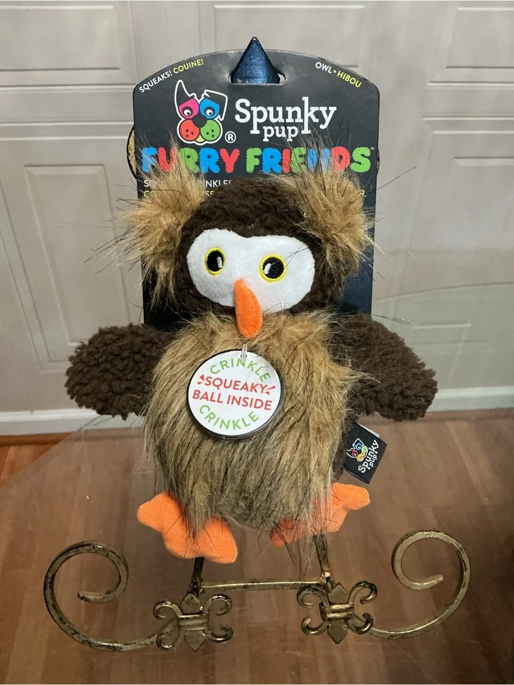Spunky Pup Furry Friends Dog Toy with Ball Squeaker 8” With Clinker & Squeaker